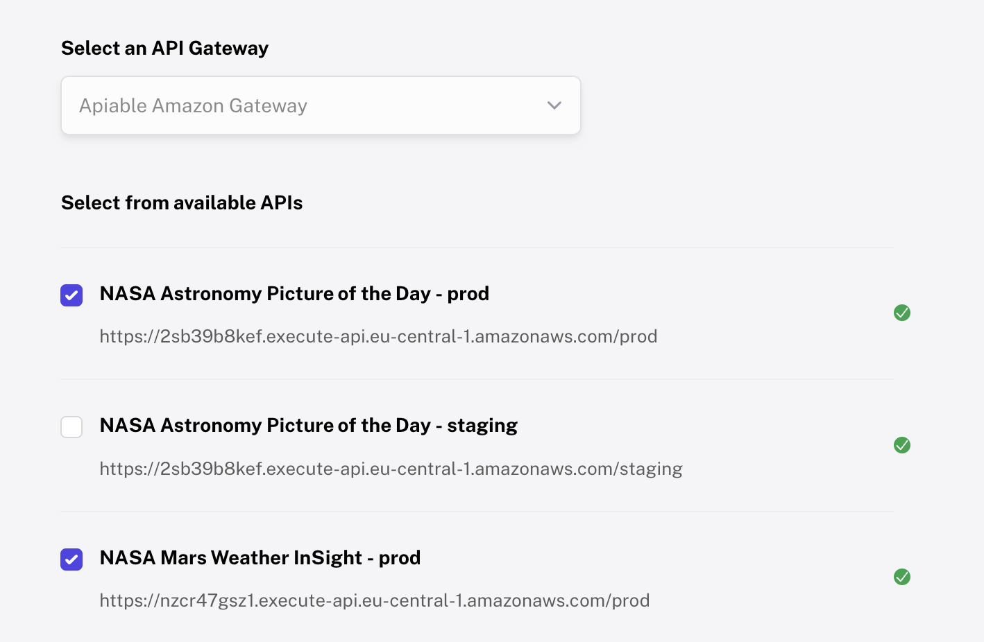 API gateway connection setup showing available connectors