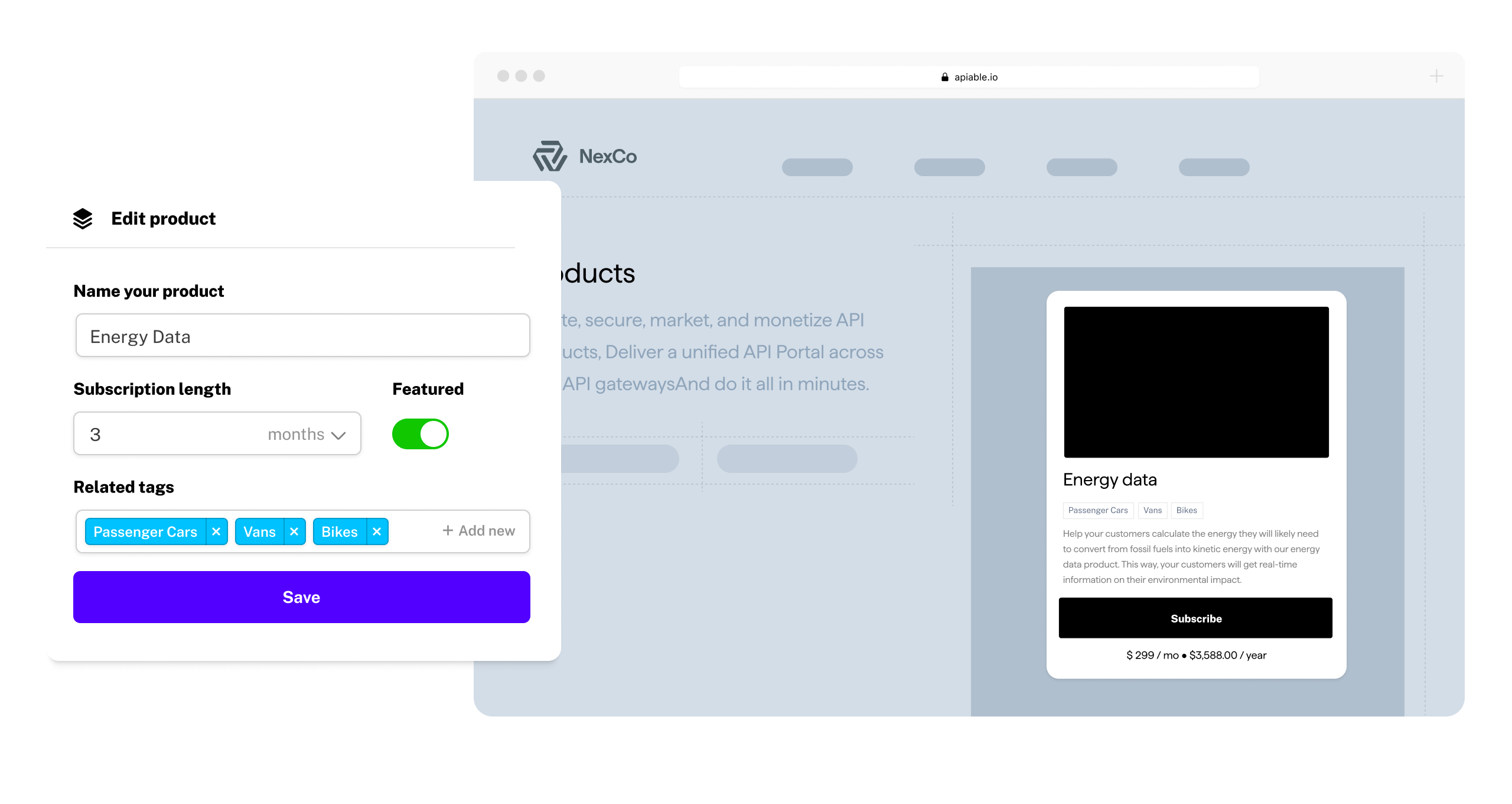 Apiable API products dashboard showing product catalog and plan configuration