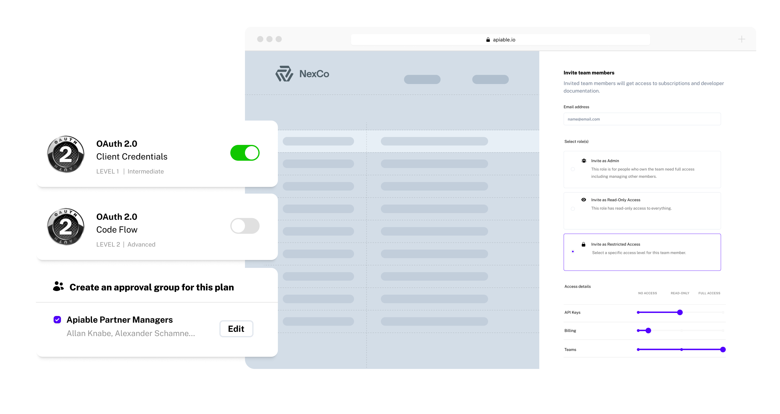 Apiable security dashboard showing OAuth settings and access controls