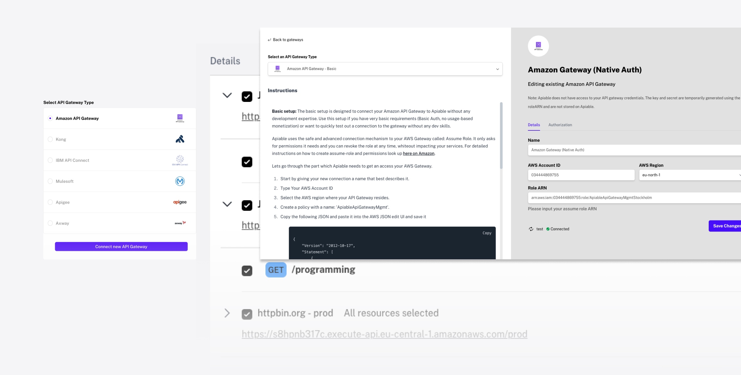Apiable dashboard showing Amazon API Gateway integration