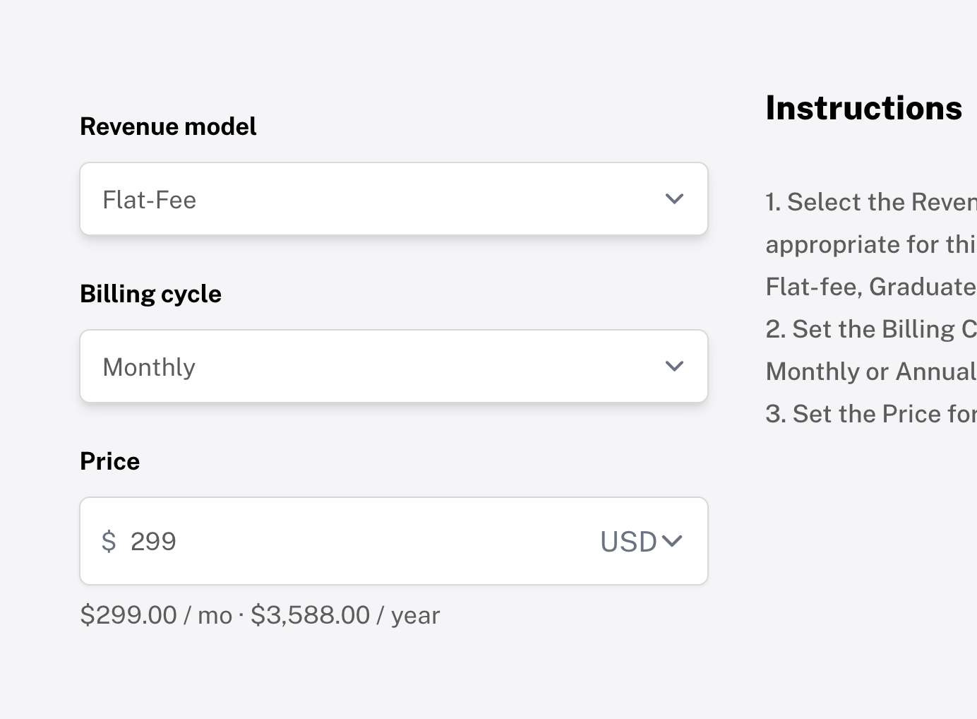 New product form with flat-fee revenue model, billing cycle and price settings