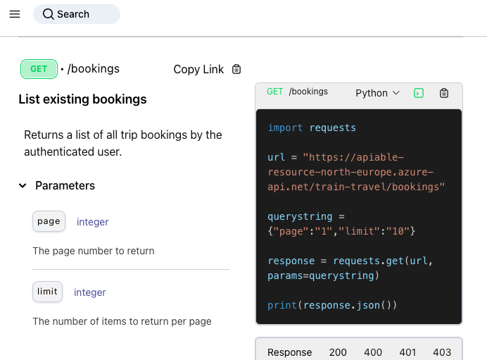 API documentation with code samples, parameters, and try-out functionality