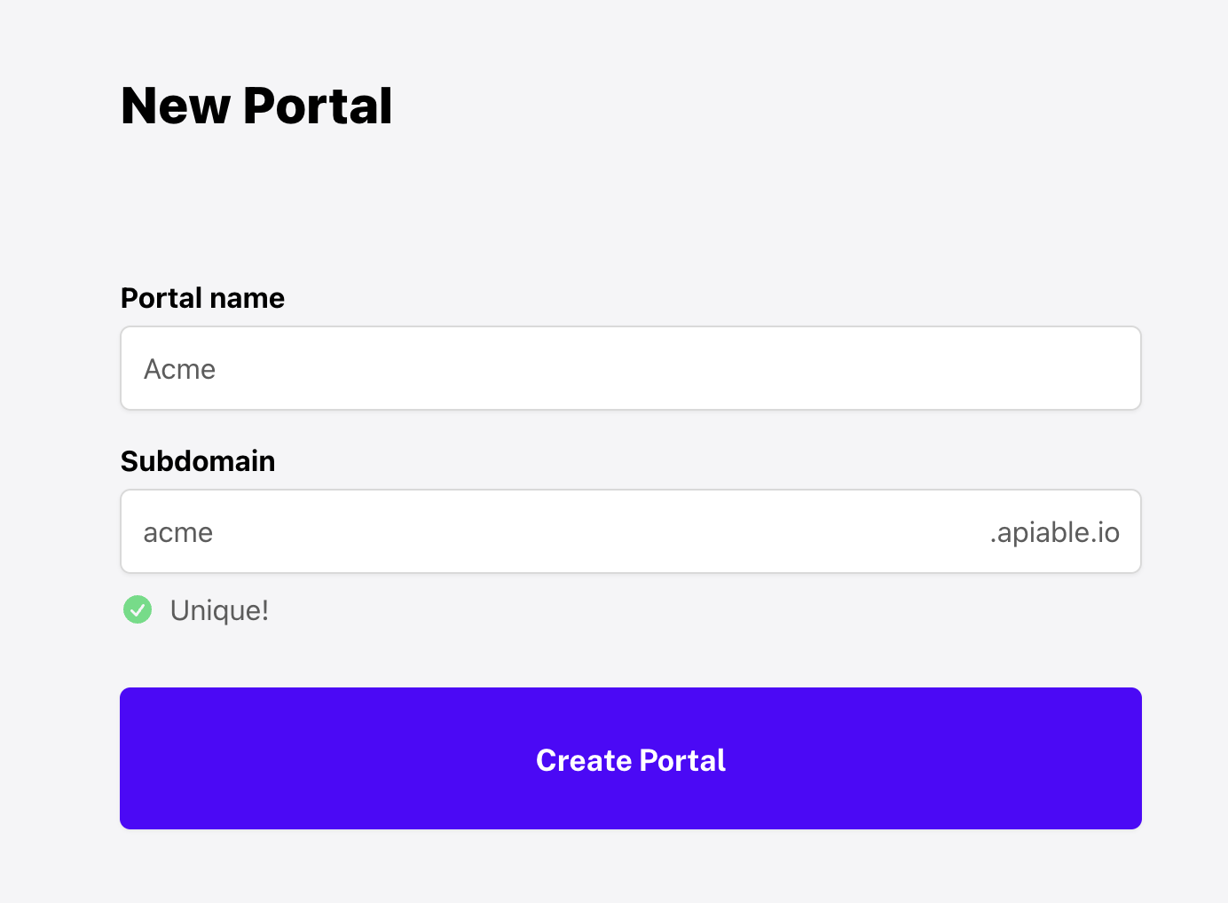 New portal creation form with subdomain configuration