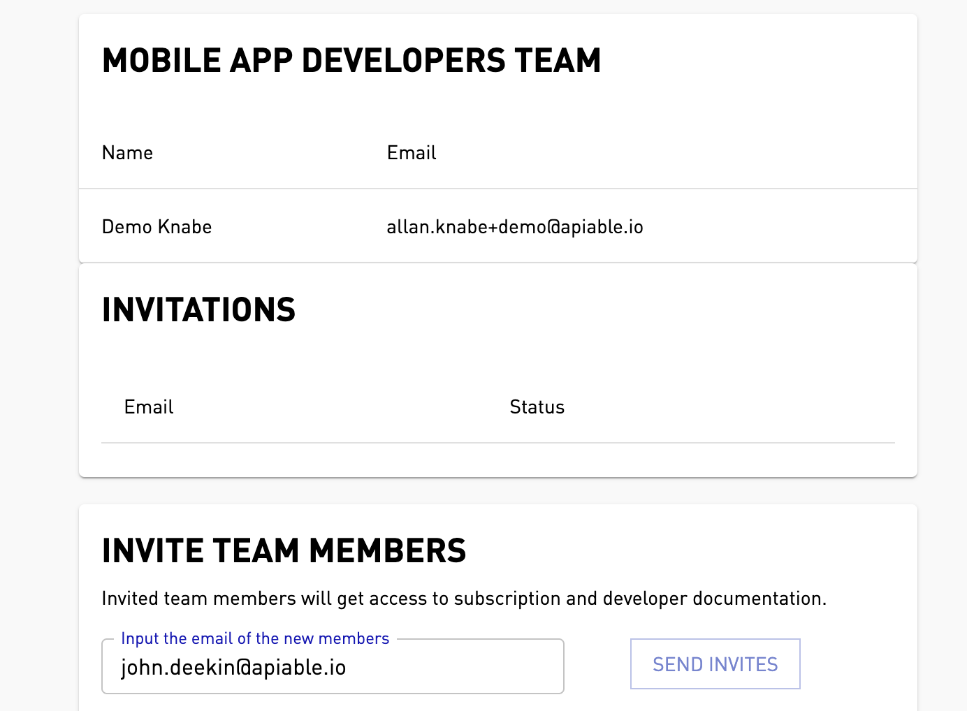 Team member management with invite functionality