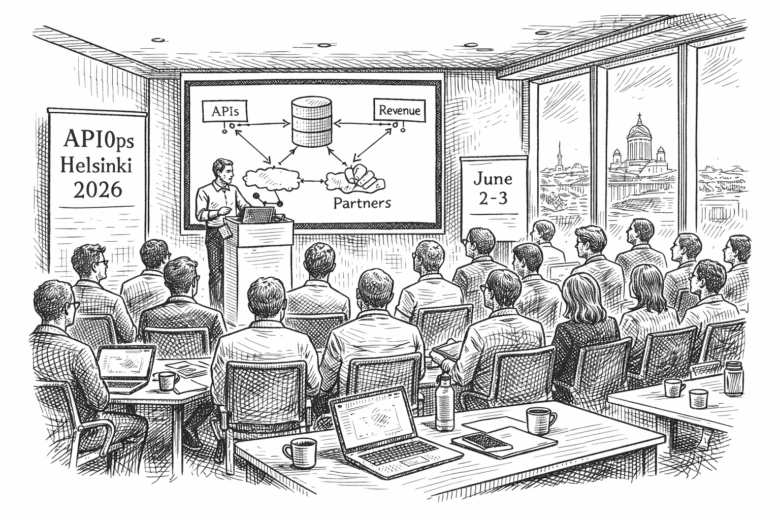 APIOps Helsinki Conference 2026 — Apiable sponsor banner with event details: June 2-3, Epicenter Helsinki