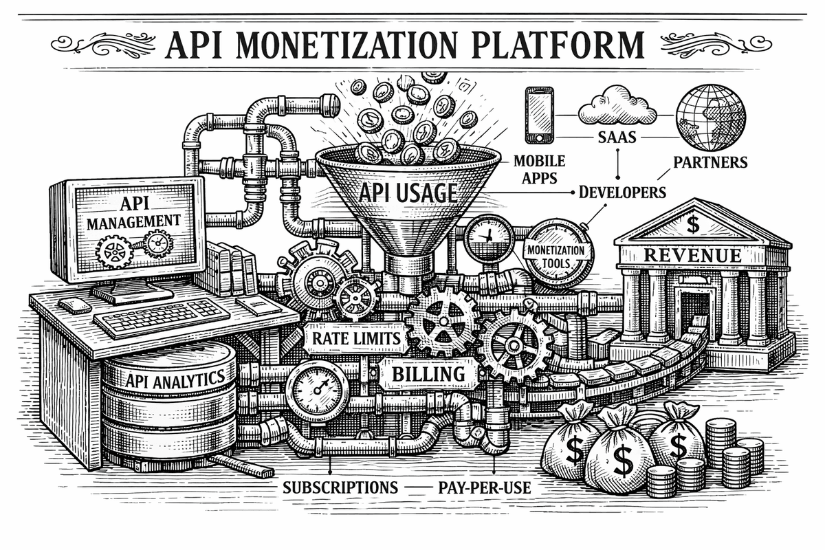 API monetization platform — usage funneling through billing, rate limits, and subscriptions to generate revenue